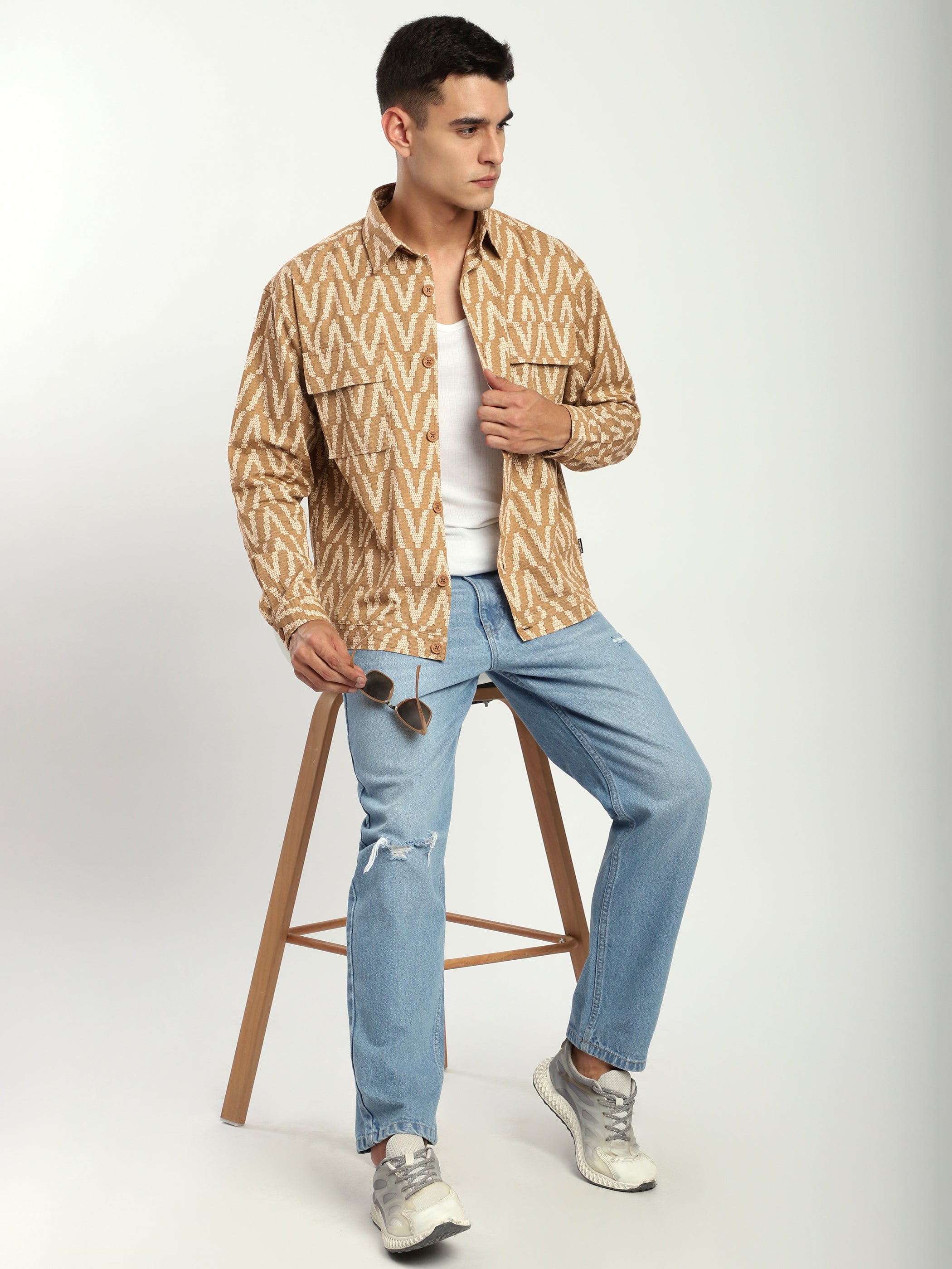 Chevron Printed Shacket - Sand Brown