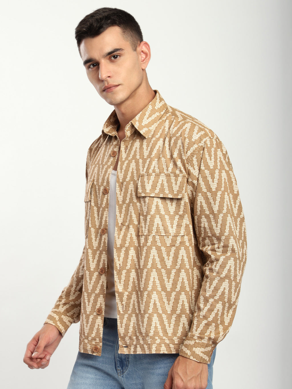 Chevron Printed Shacket - Sand Brown
