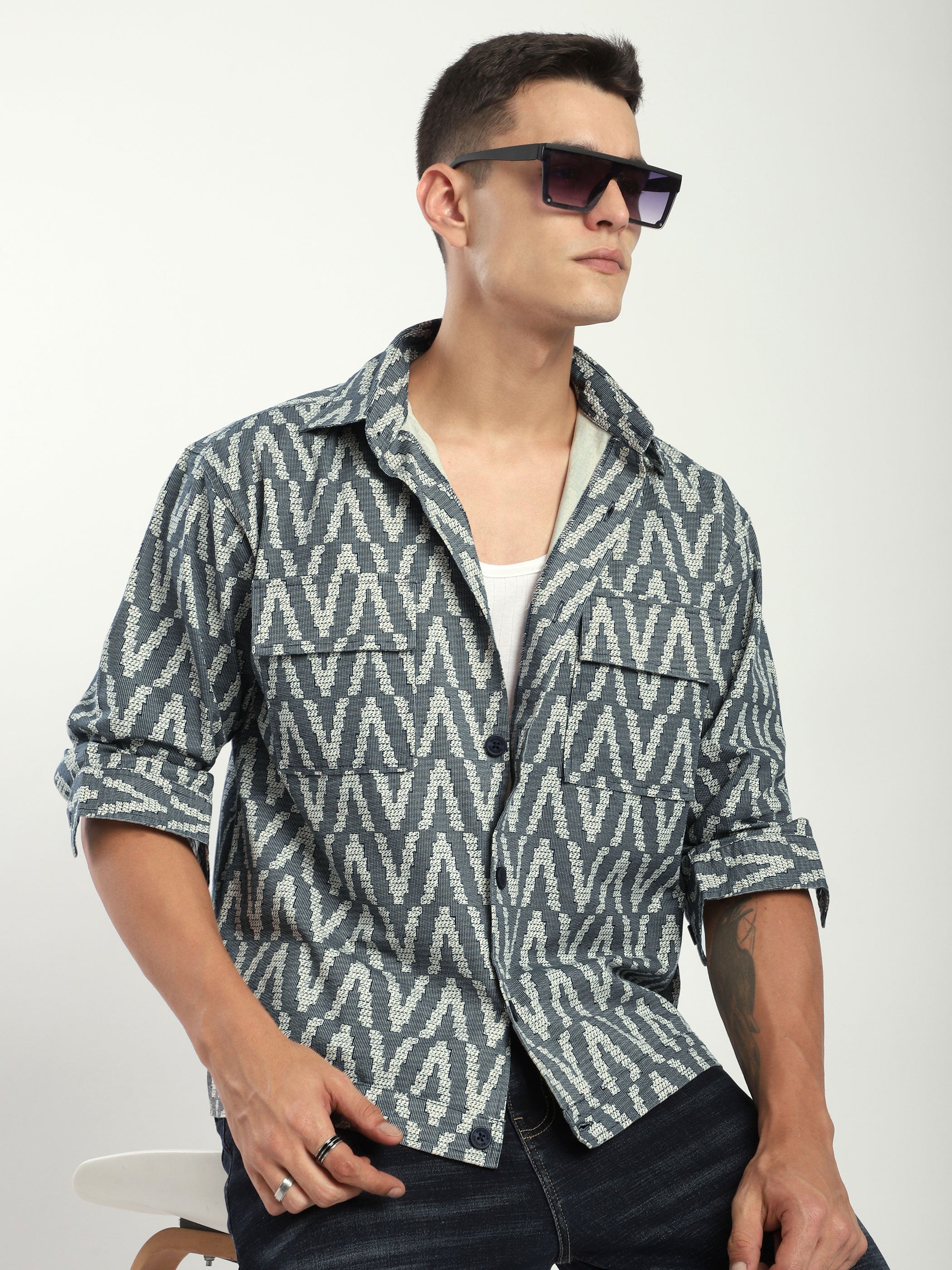 Chevron Printed Shacket - Navy