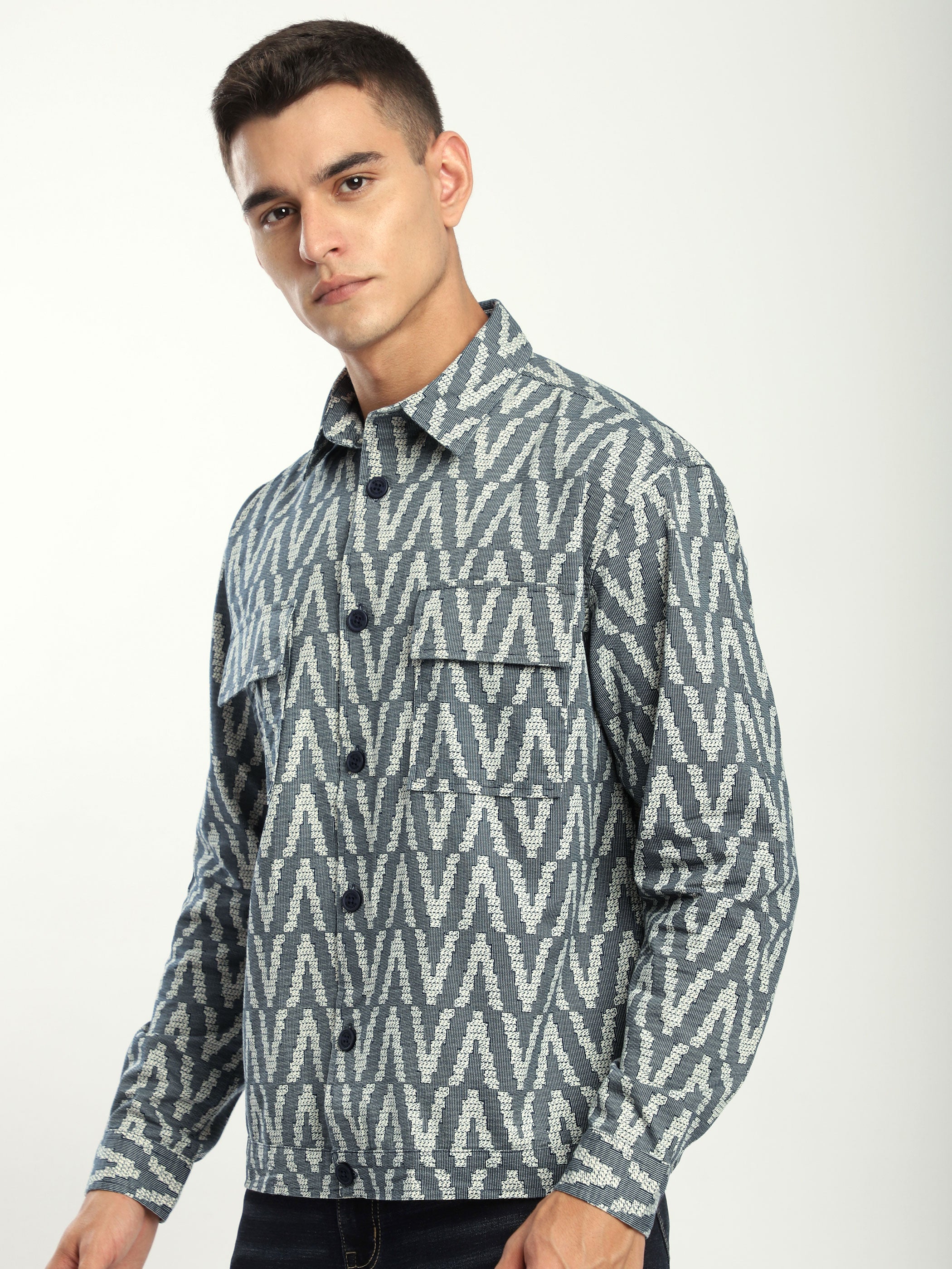 Chevron Printed Shacket - Navy
