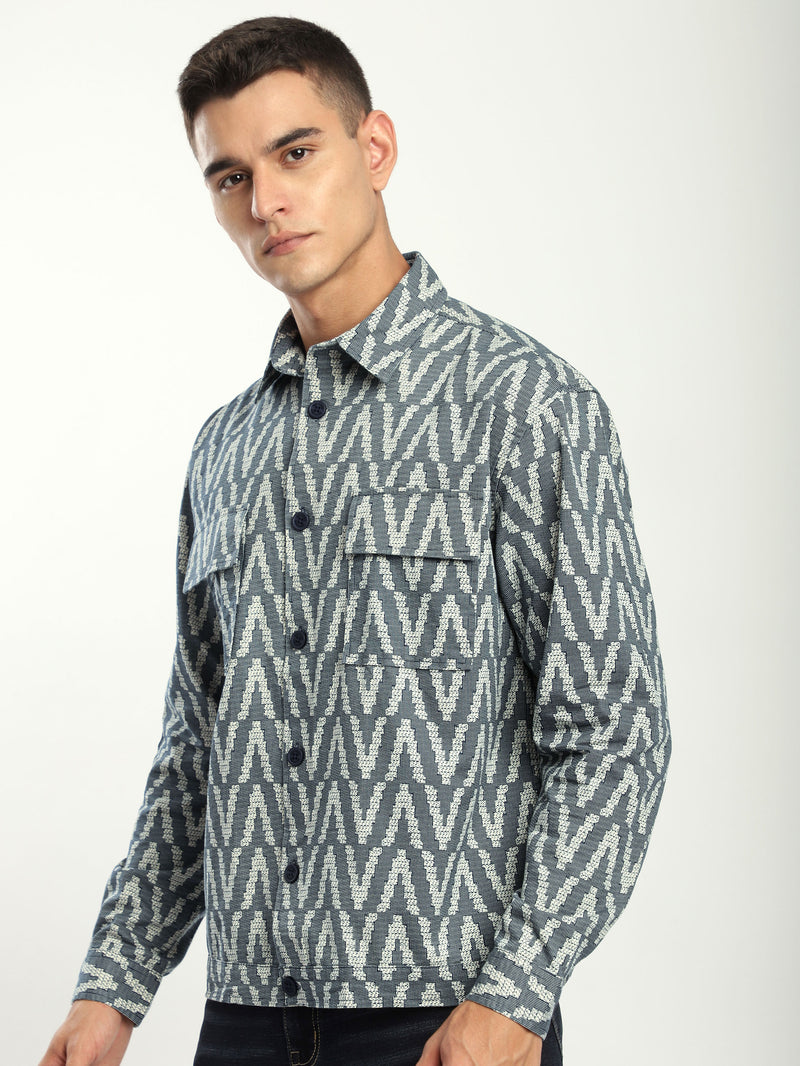 Chevron Printed Shacket - Navy