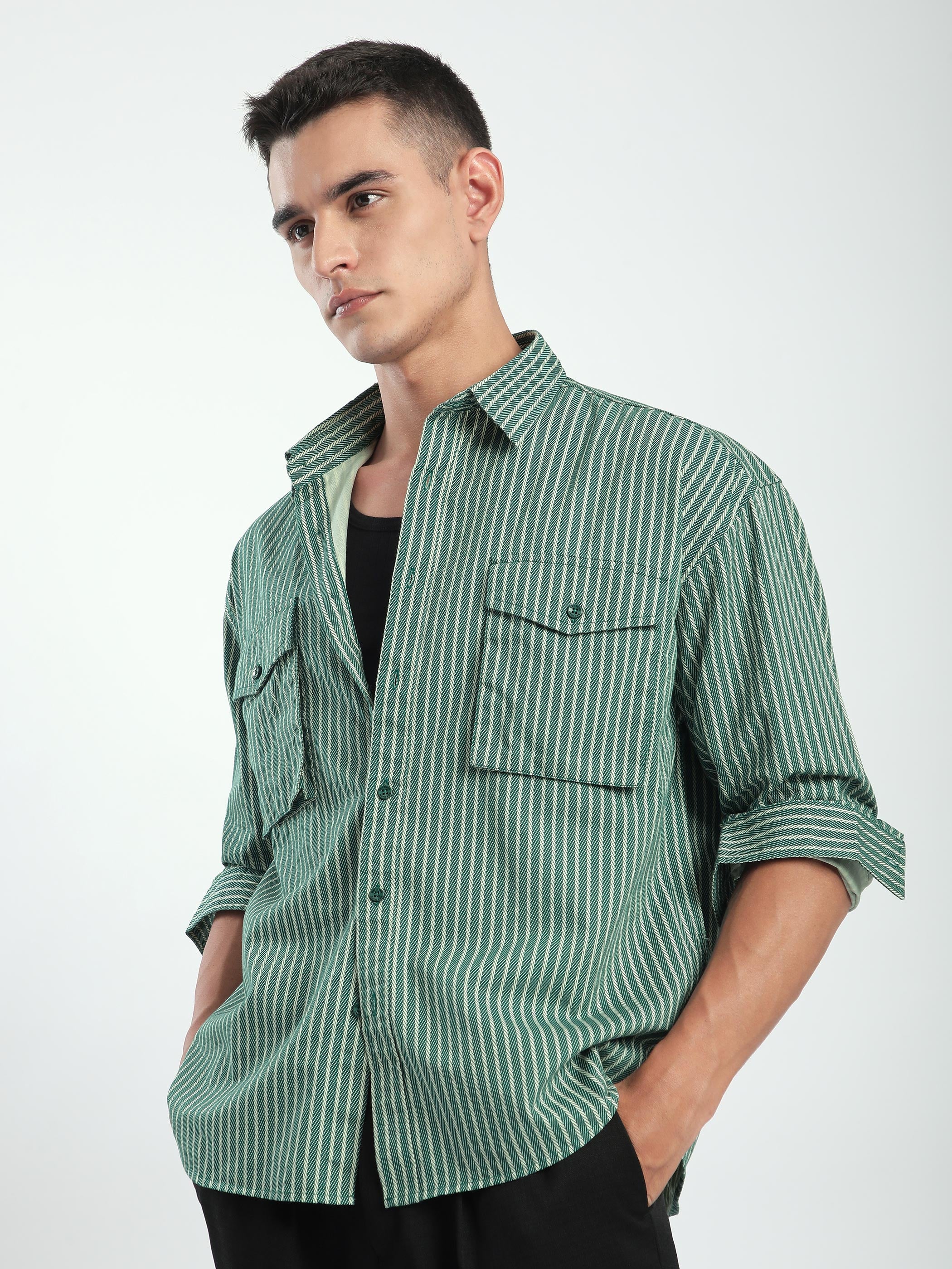 Herringbone Striped Shacket - Cadet Blue