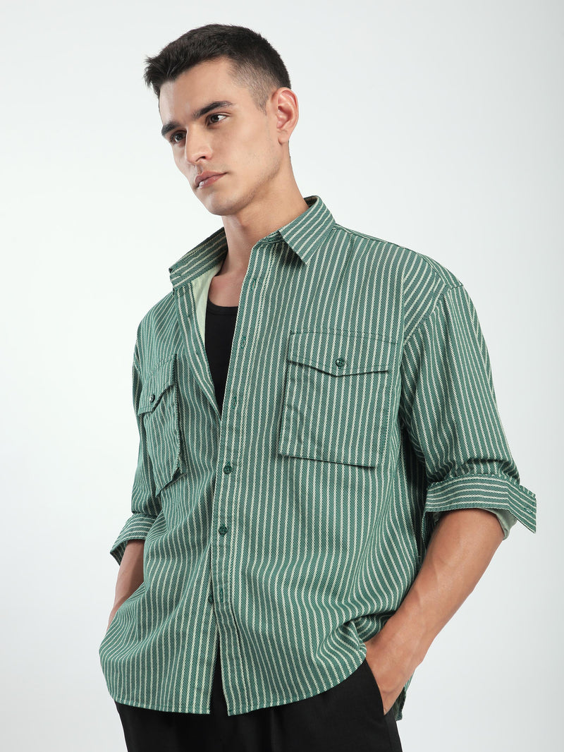 Herringbone Striped Shacket - Cadet Blue