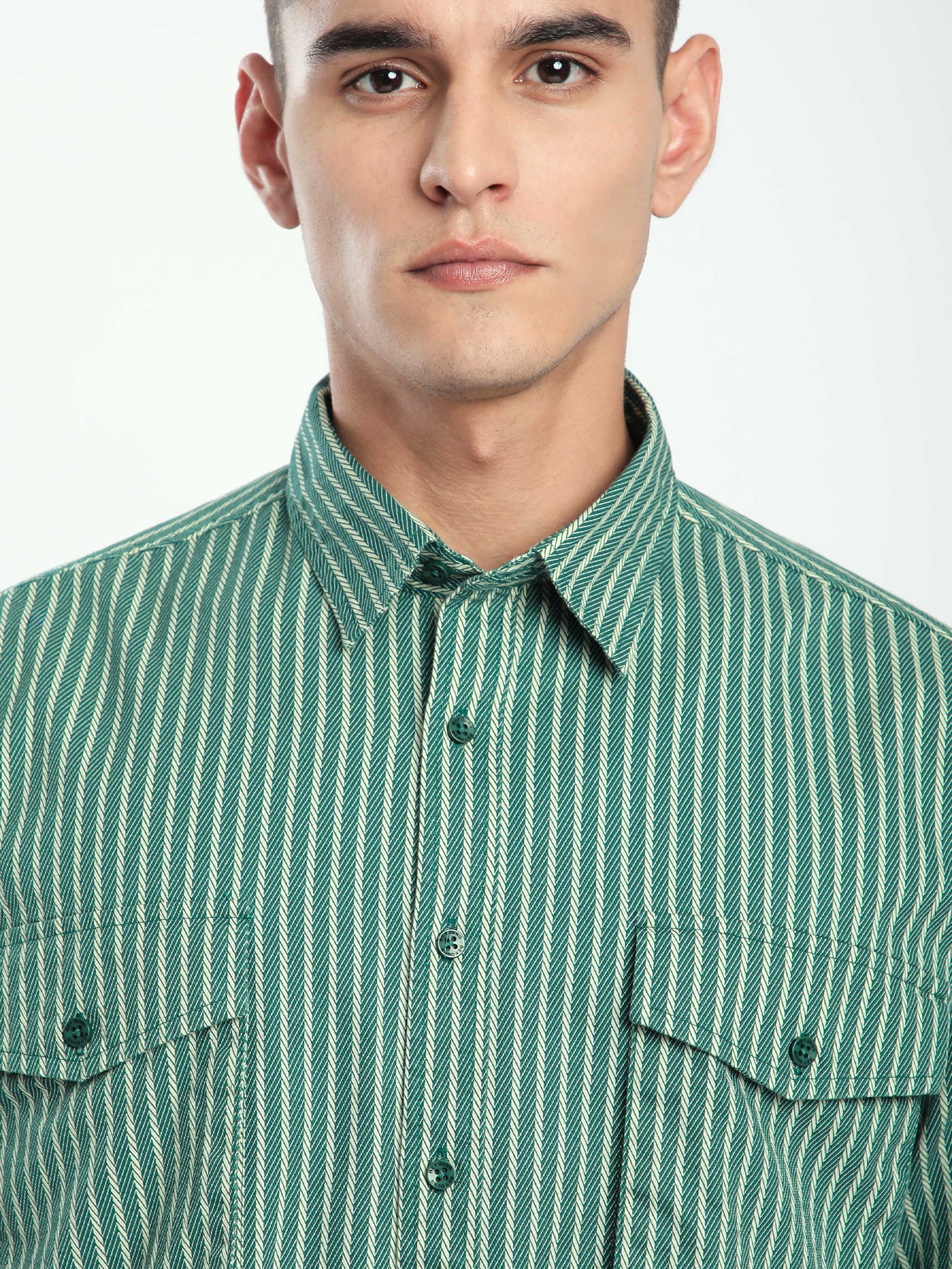 Herringbone Striped Shacket - Cadet Blue