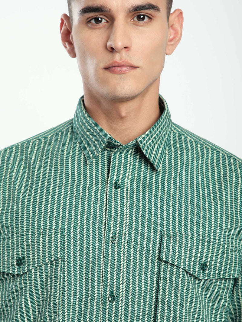 Herringbone Striped Shacket - Cadet Blue