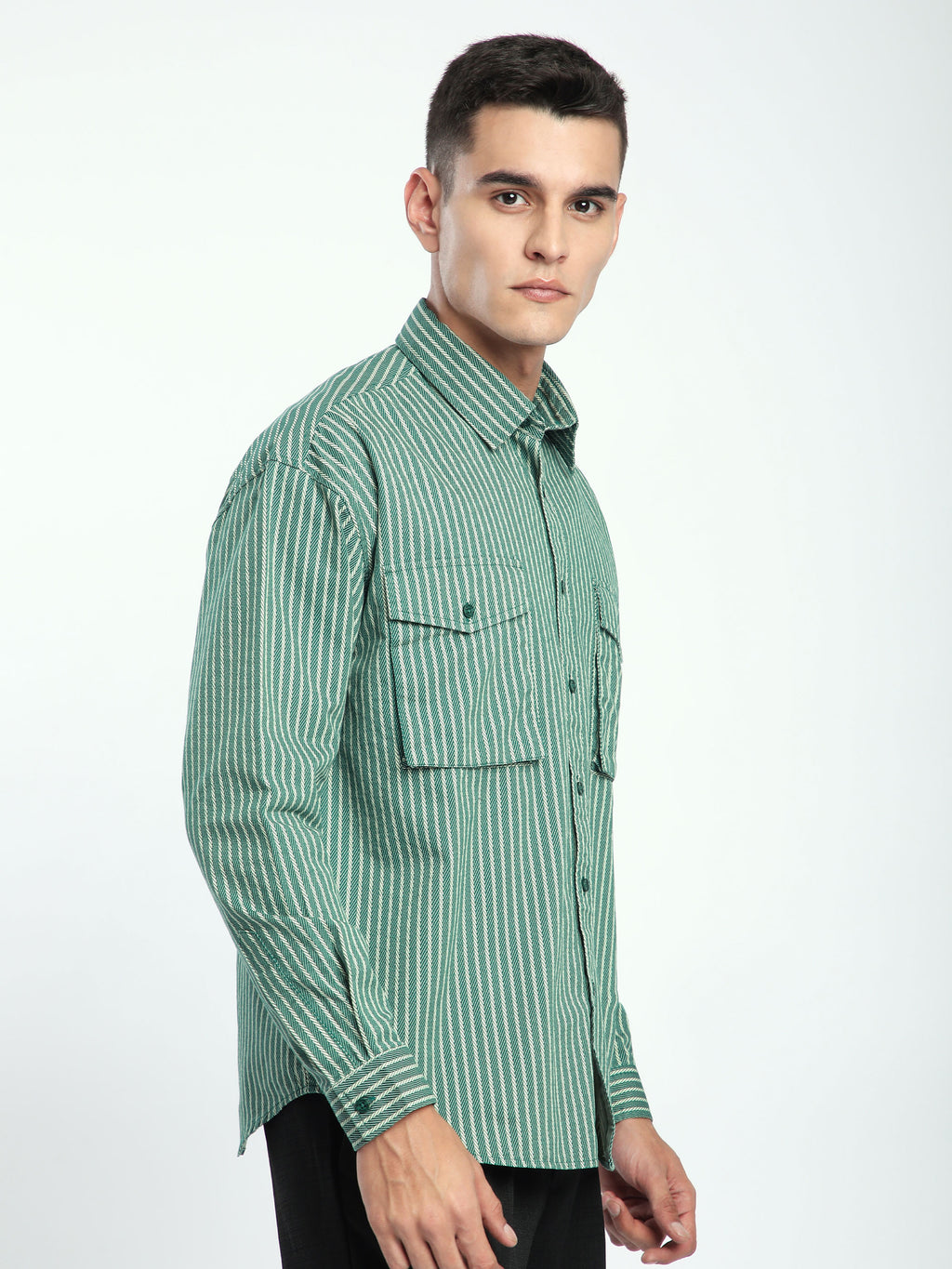 Herringbone Striped Shacket - Cadet Blue
