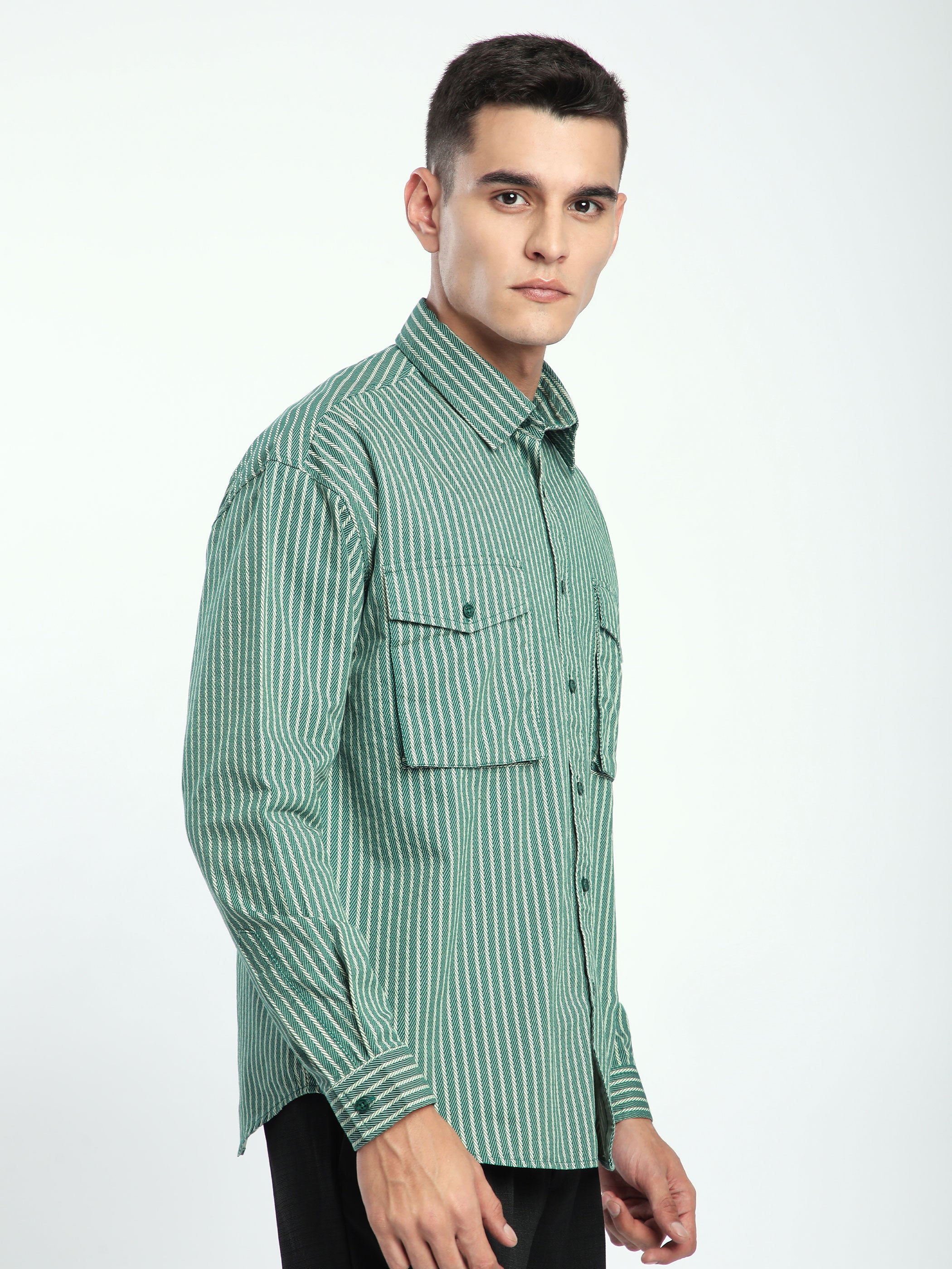 Herringbone Striped Shacket - Cadet Blue