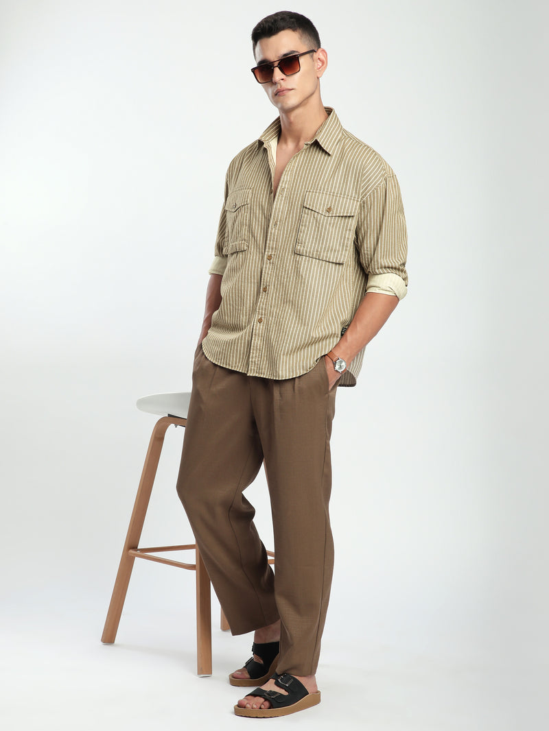 Herringbone Striped Shacket - Sand Brown