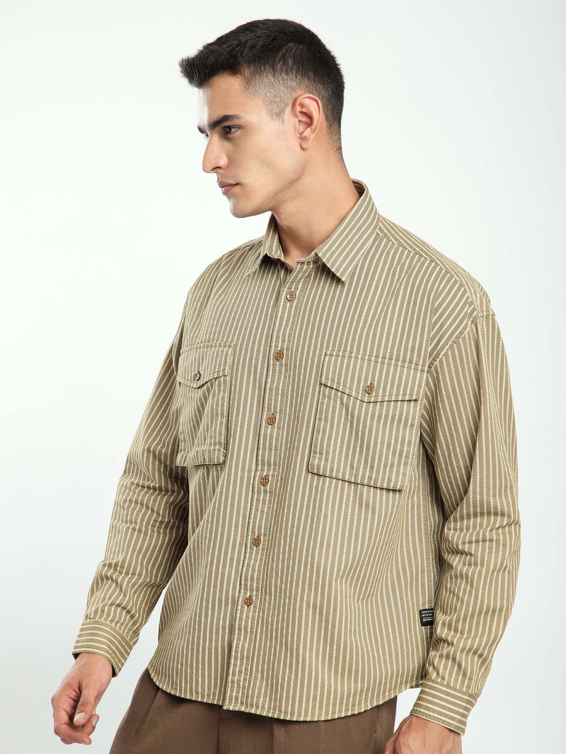 Herringbone Striped Shacket - Sand Brown