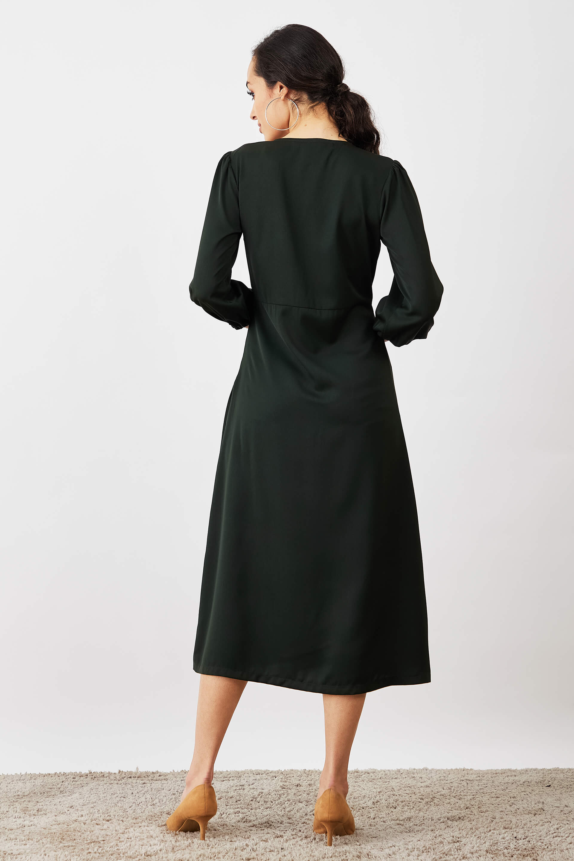 Mintini Faux Button Midi Dress - Olive Green