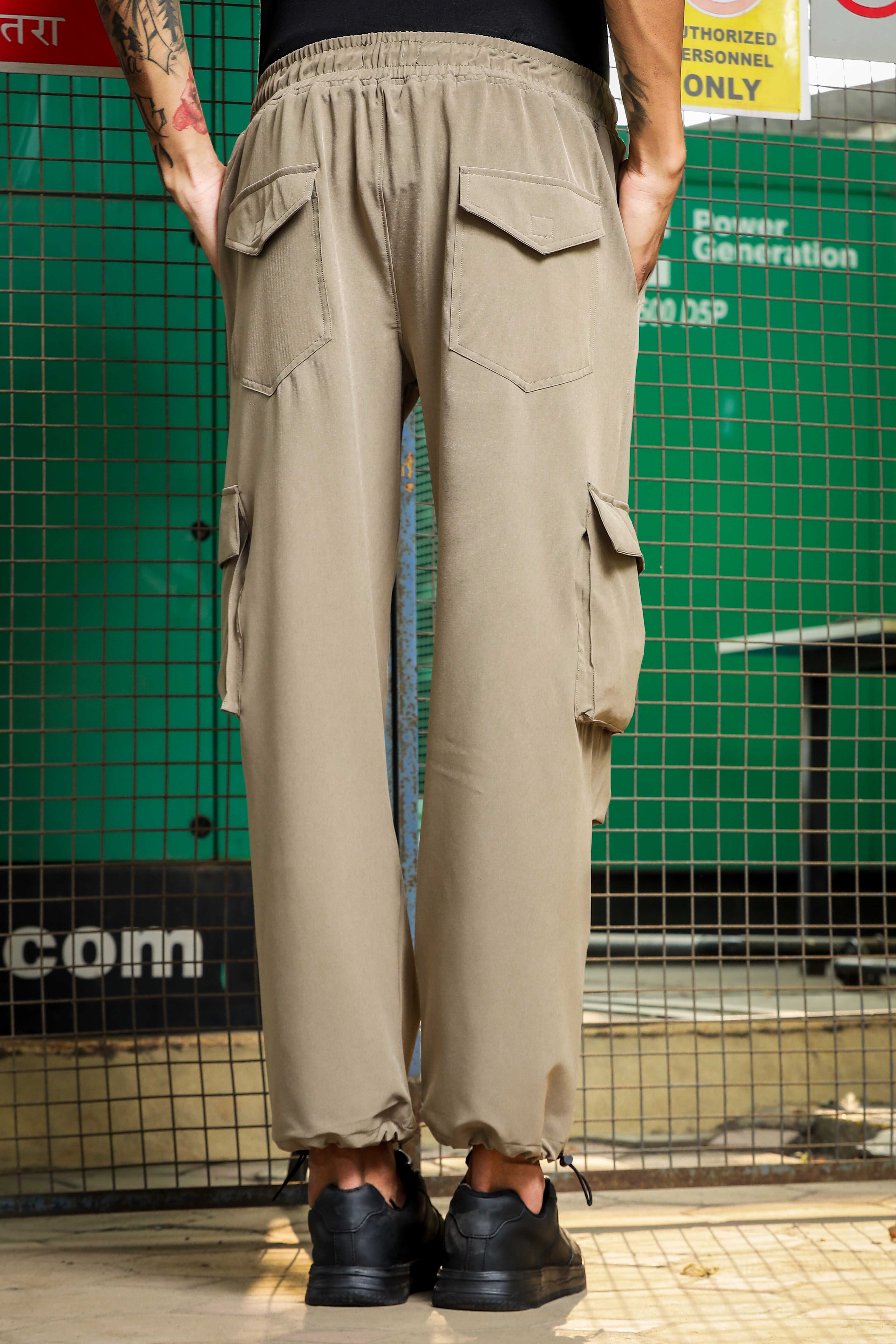 Beige Baggy Fit 6-Pocket Parachute Cargo Trousers