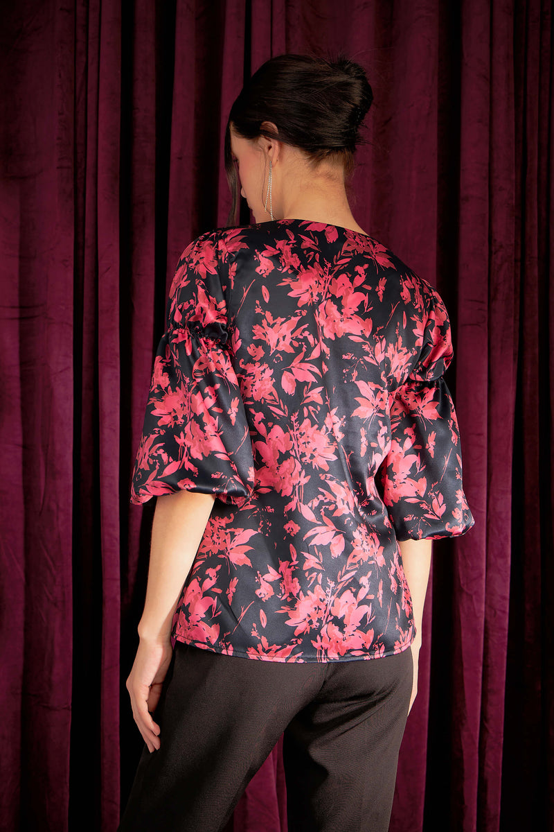 Ambrosia Floral Gathered Sleeves Top - Black/Pink