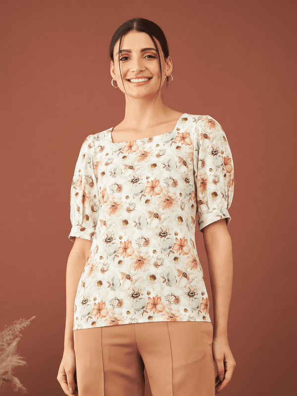 Belize Floral Balloon Sleeves Top - Multicolor