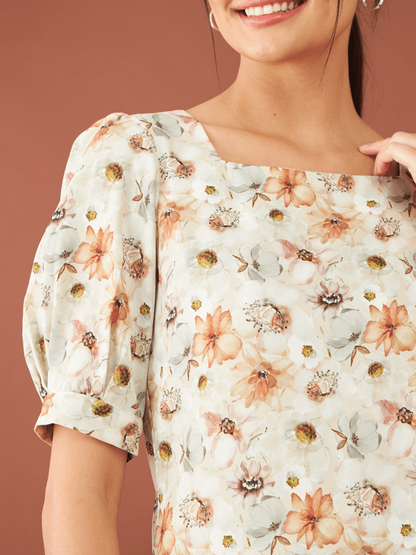 Belize Floral Balloon Sleeves Top - Multicolor