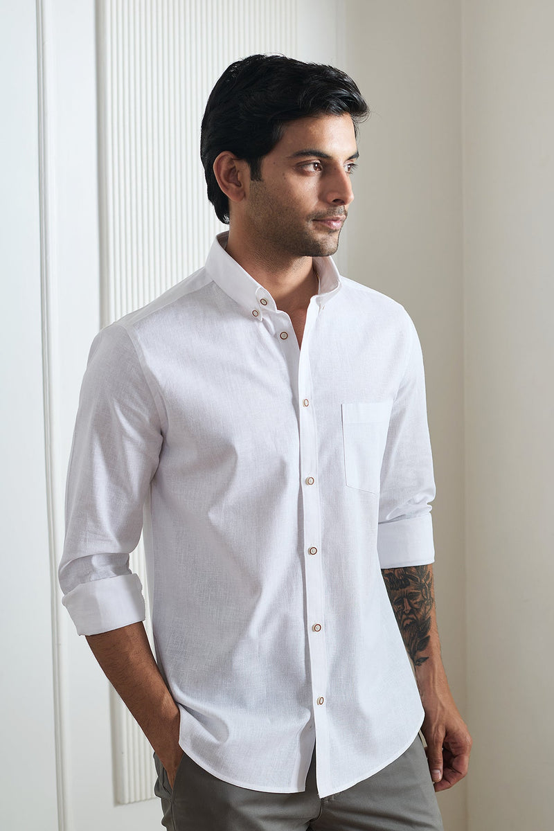 White Cotton Linen Shirt - Regular fit