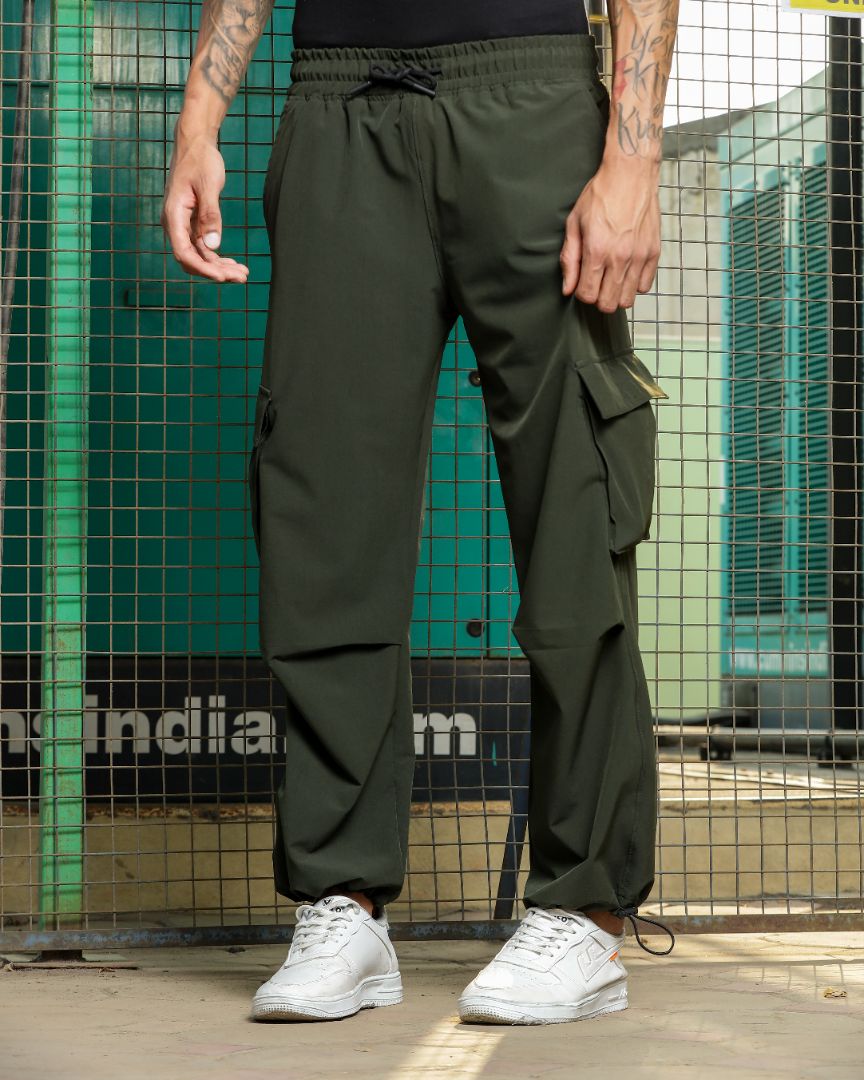 Olive Baggy Fit  Parachute Cargo Trousers