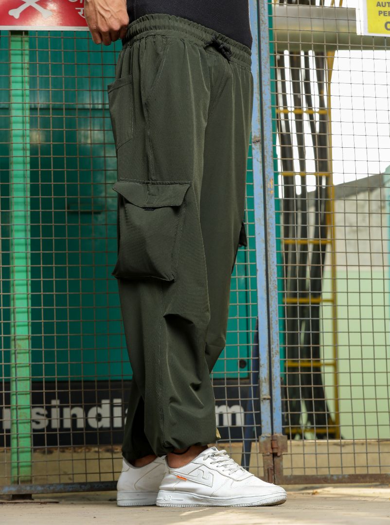 Olive Baggy Fit  Parachute Cargo Trousers