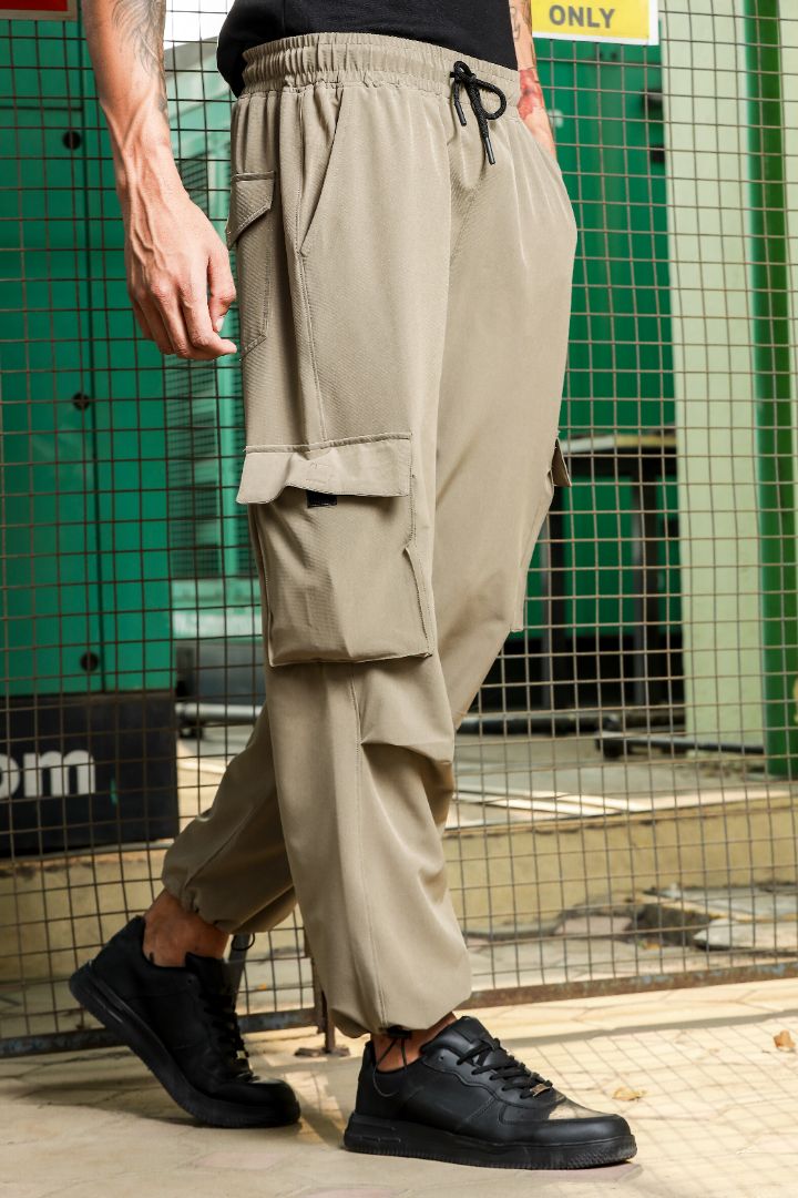 Beige Baggy Fit 6-Pocket Parachute Cargo Trousers