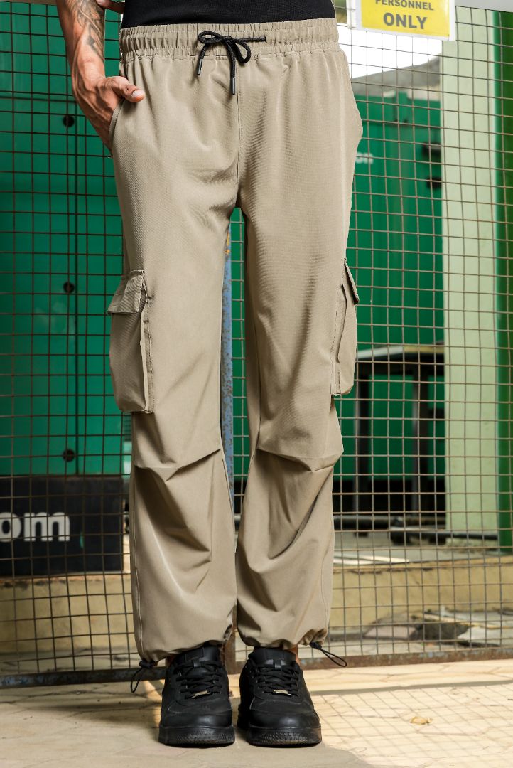 Beige Baggy Fit 6-Pocket Parachute Cargo Trousers