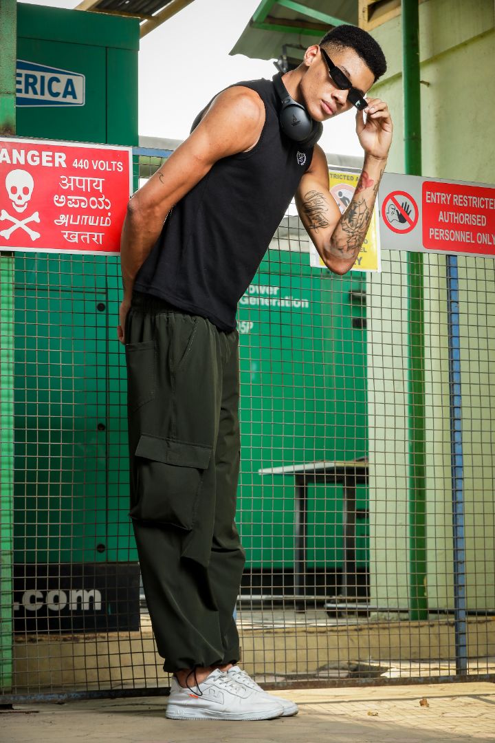 Olive Baggy Fit  Parachute Cargo Trousers