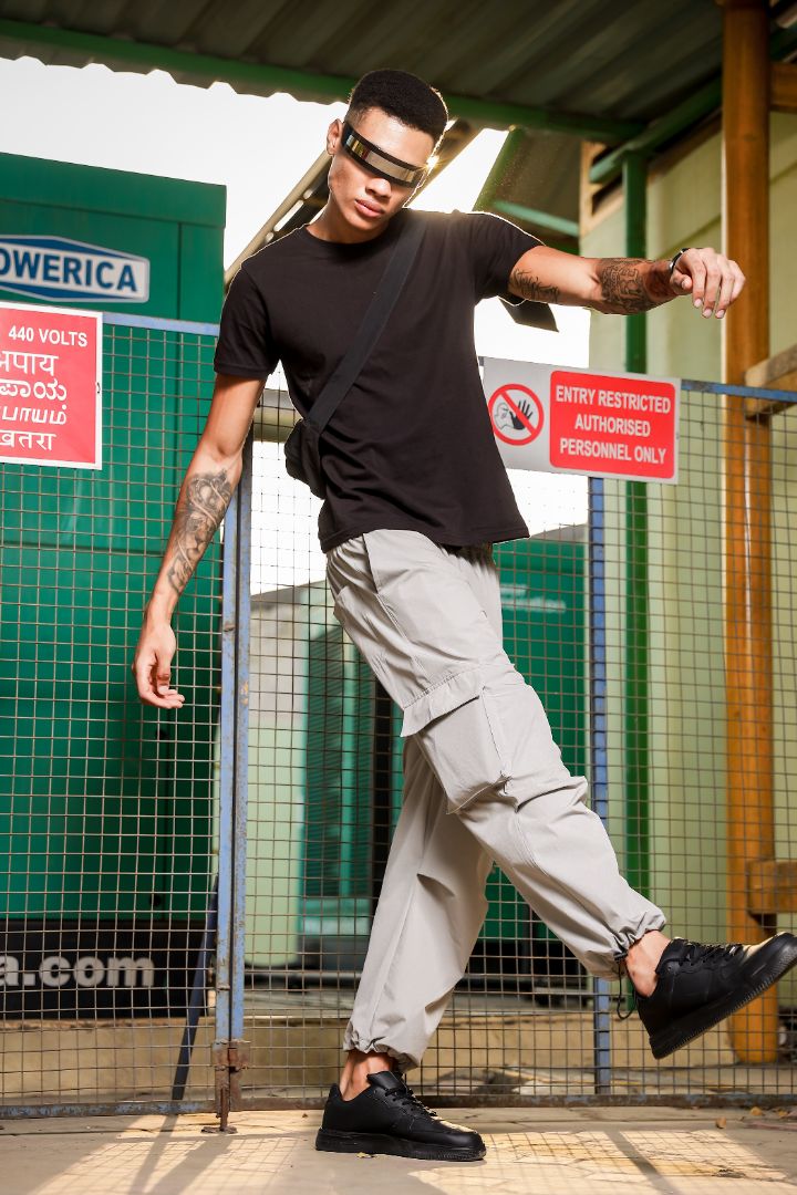 Baggy Fit Streetwear Style Grey Parachute Cargo Trousers