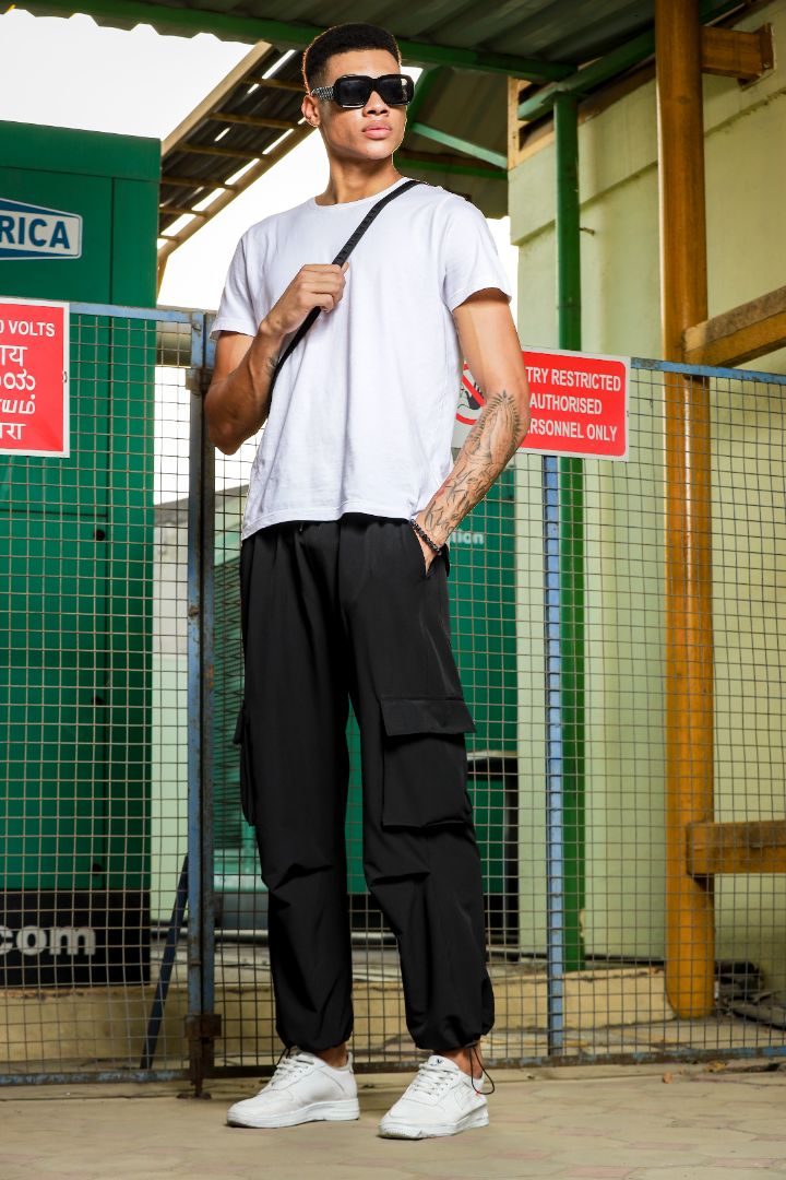 Black Baggy Fit Parachute Cargo Trousers