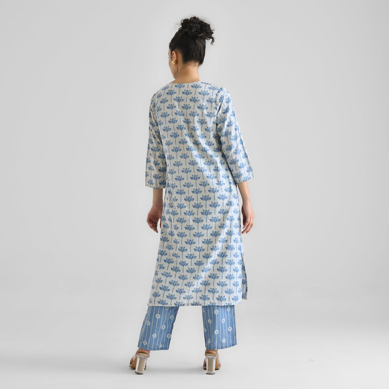 Light Blue Lotus Dabu Inspired Cotton Kurta with Notch Neckline