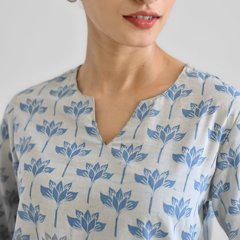 Light Blue Lotus Dabu Inspired Cotton Kurta with Notch Neckline