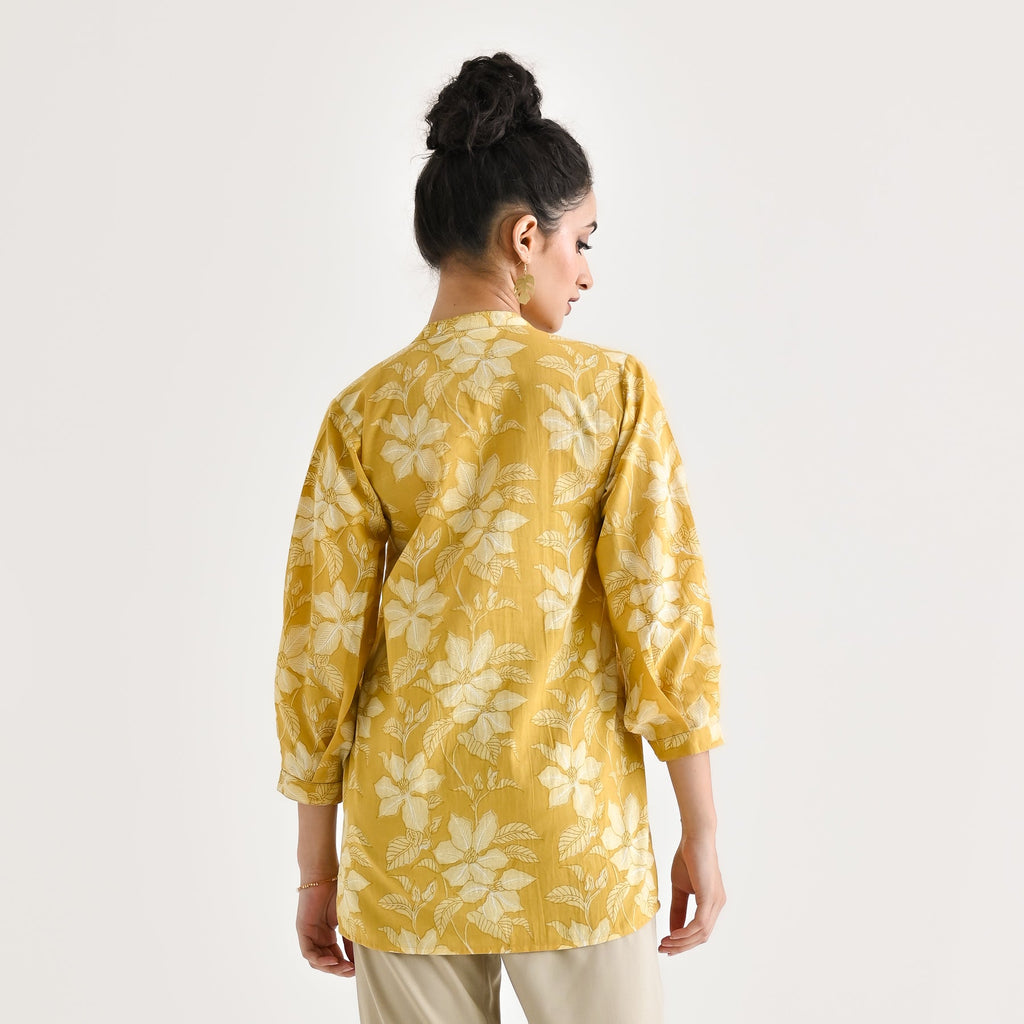 Mango Yellow Breezy Sanganeri Floral Cotton Tunic with Pintuck Detail
