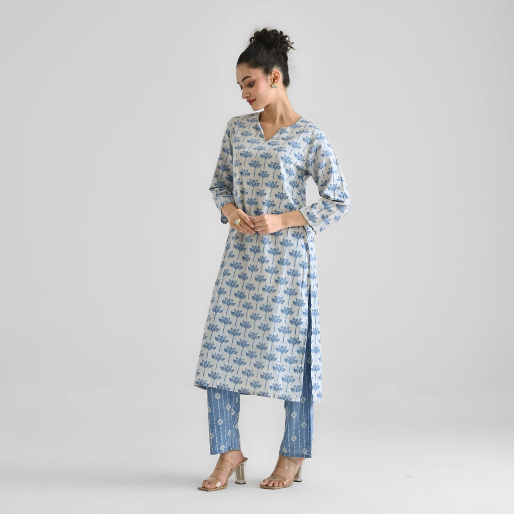 Light Blue Lotus Dabu Inspired Cotton Co-ord Set with Notch Neckline