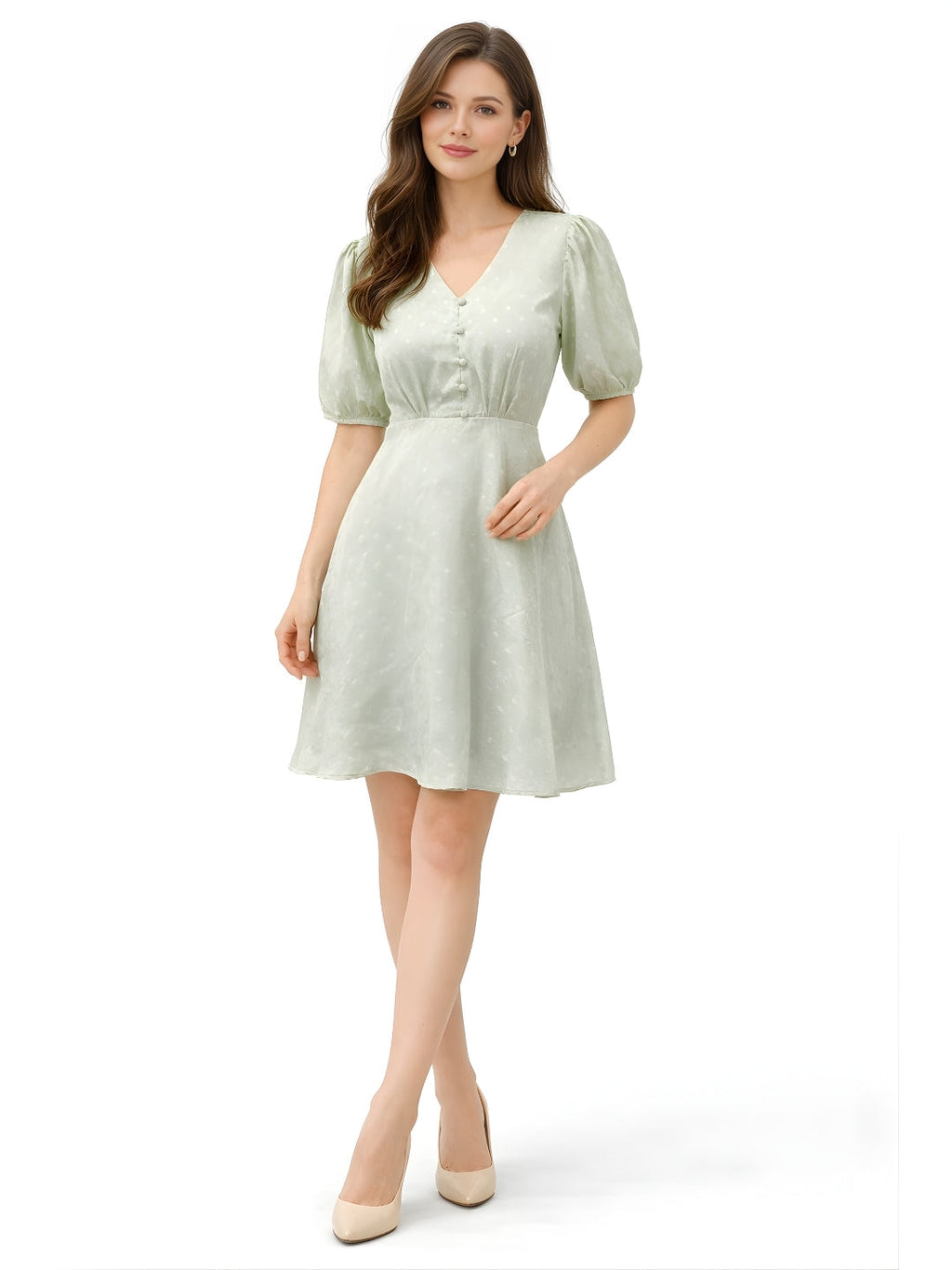 Green Self Design Short Sleeves Short Dress