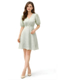 Green Self Design Short Sleeves Short Dress