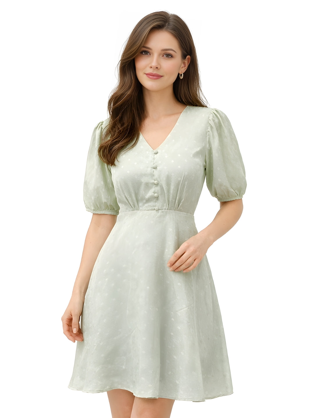 Green Self Design Short Sleeves Short Dress