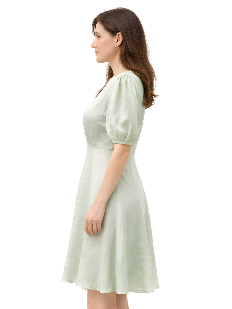 Green Self Design Short Sleeves Short Dress