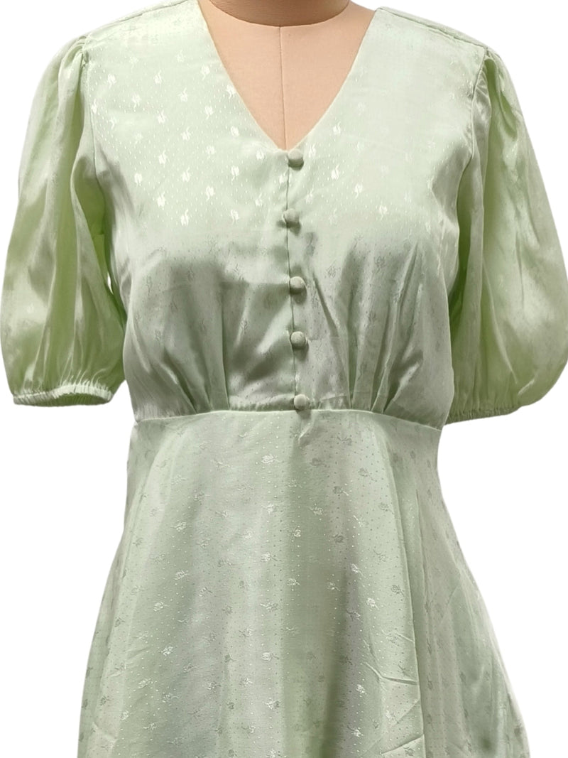 Green Self Design Short Sleeves Short Dress
