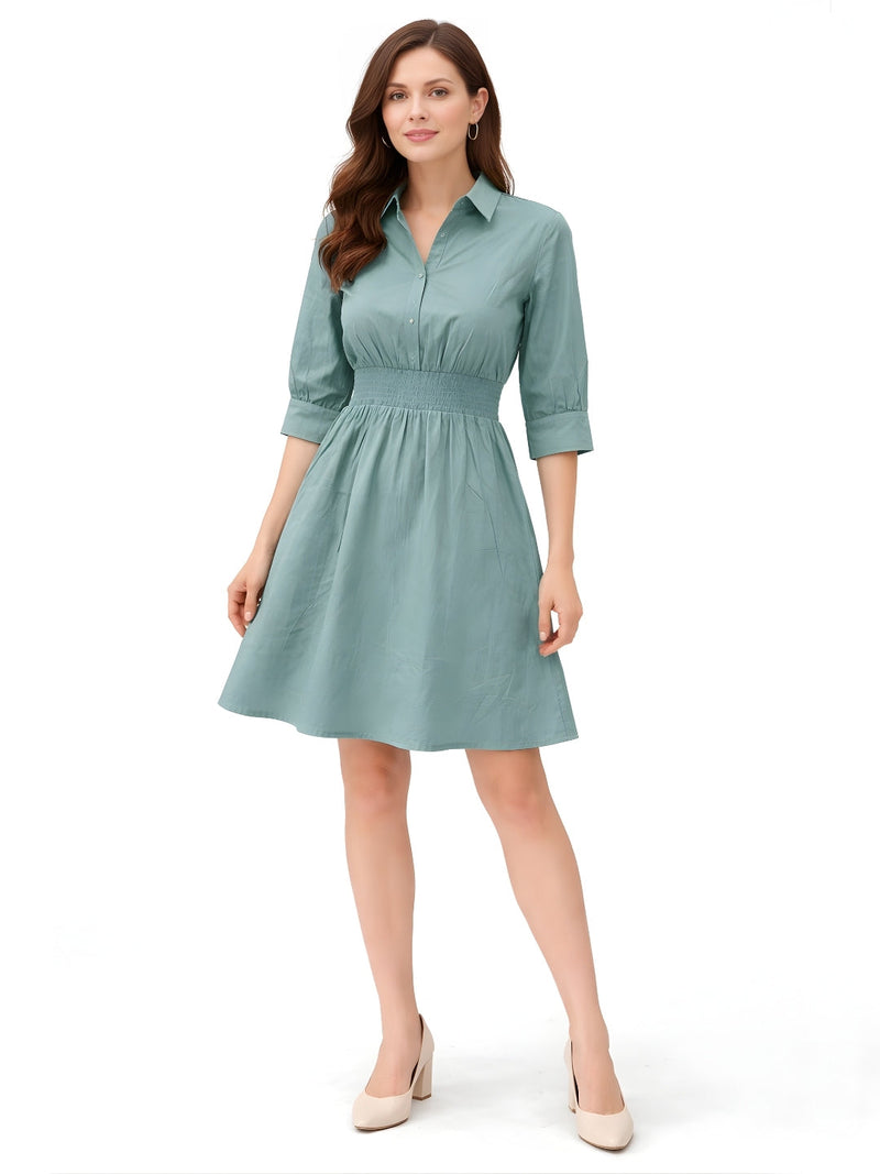Green Solid Three-Quarter Sleeves Short Dress