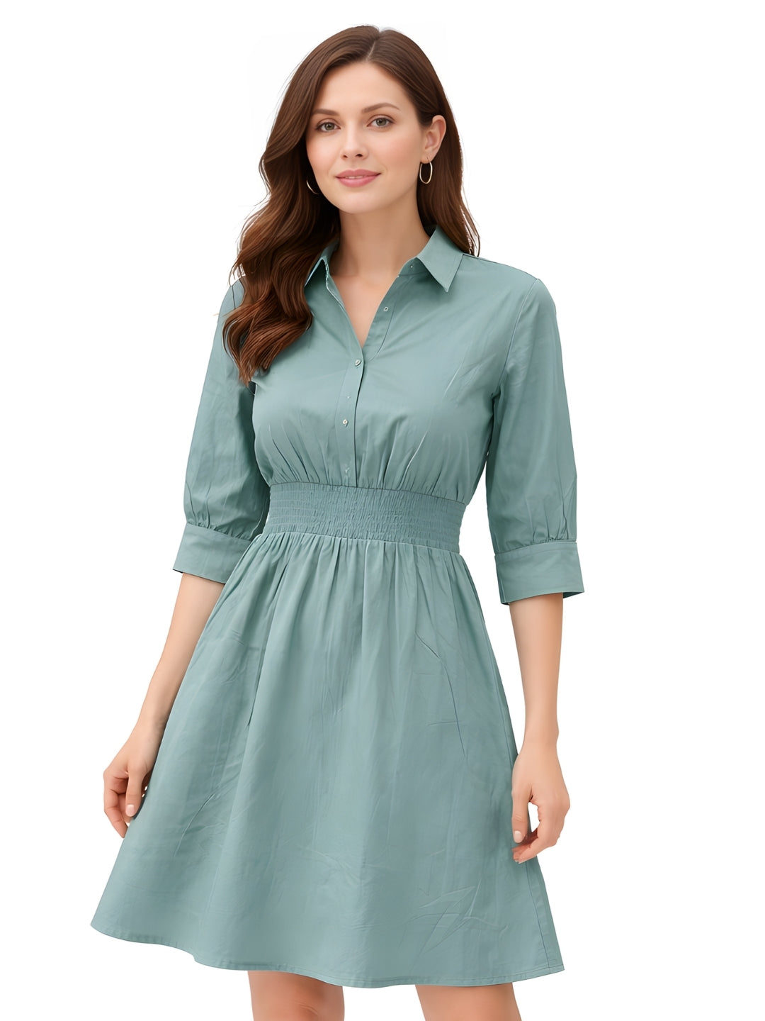 Green Solid Three-Quarter Sleeves Short Dress