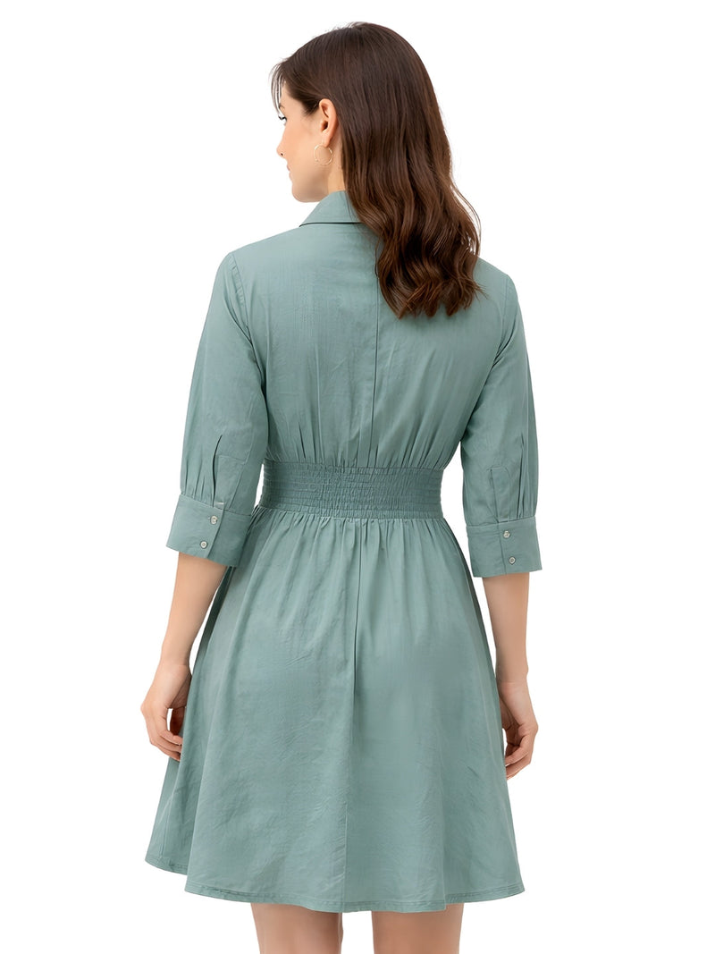 Green Solid Three-Quarter Sleeves Short Dress