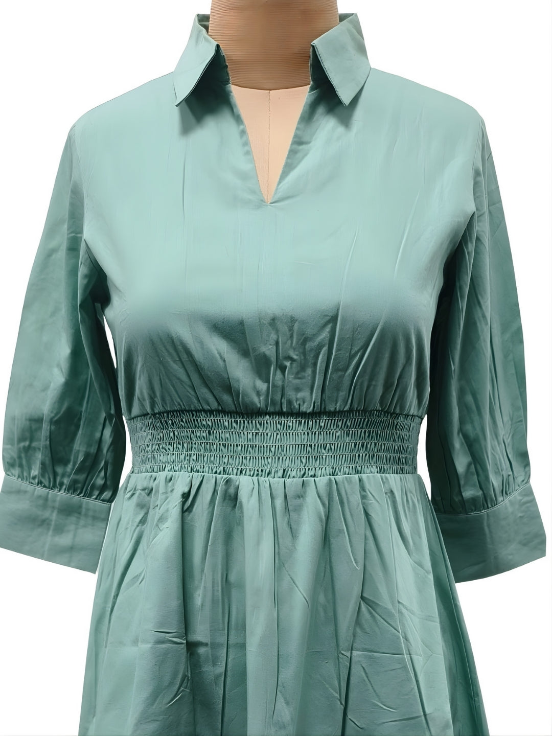 Green Solid Three-Quarter Sleeves Short Dress