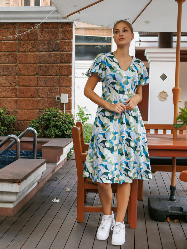 Off White Printed A-Line Midi Dress