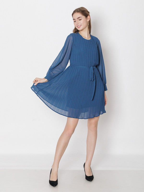 Navy Solid A-Line Mini Dress