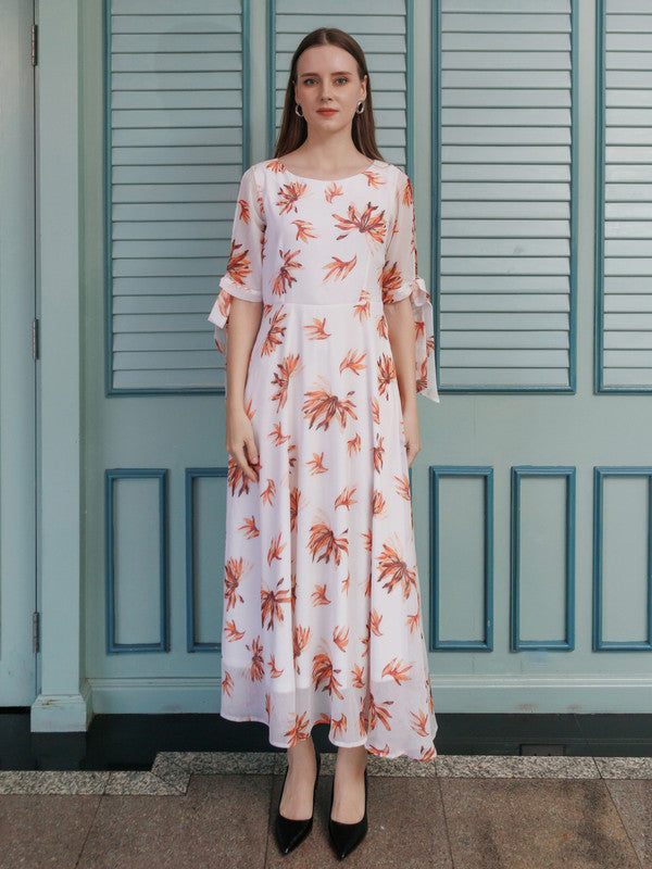 White Printed A Line Maxi Dress