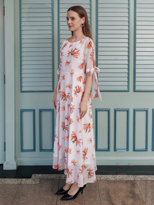 White Printed A Line Maxi Dress
