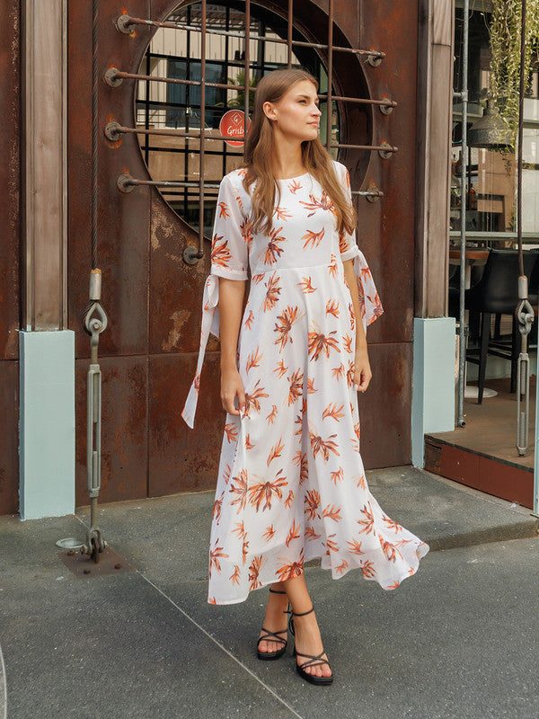 White Printed A Line Maxi Dress