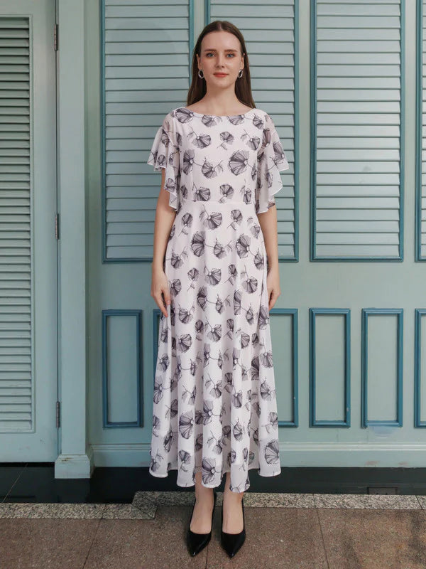 White Printed Flared Maxi Dress