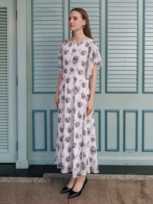 White Printed Flared Maxi Dress