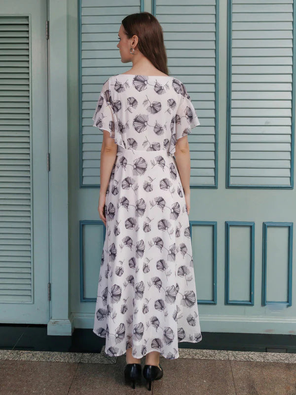 White Printed Flared Maxi Dress