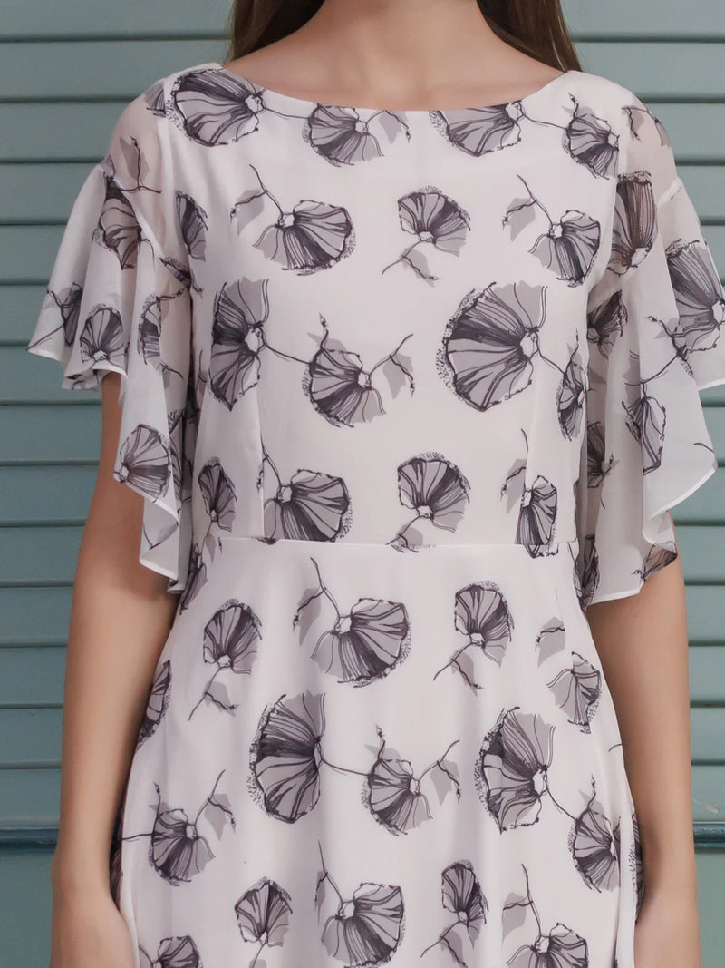 White Printed Flared Maxi Dress