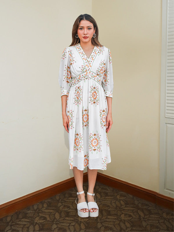 White Floral Printed Flared Midi Dress