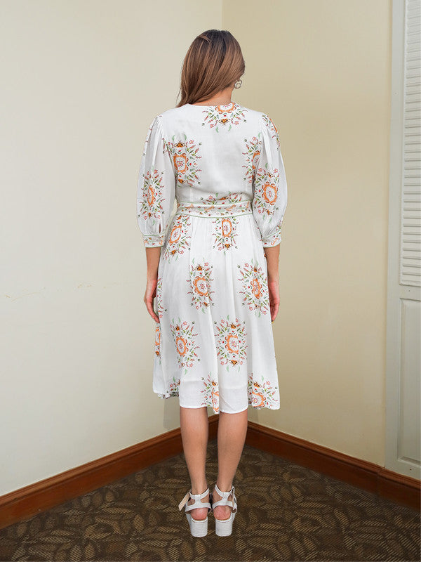 White Floral Printed Flared Midi Dress